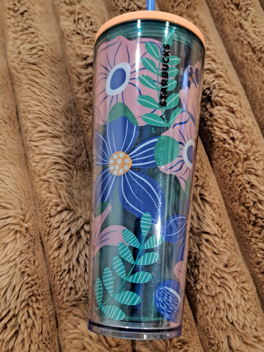 Starbucks 2020 Blue Green & Peach Floral Flowers Cold Cup Tumbler Venti 24oz New